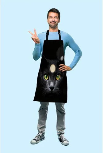 Vista 3 de Delantal de cocina con cabeza de gato negro Babero Delantal para Chef Restaurante Limpieza del hogar Servicio, Multi-001