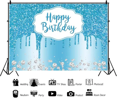 Vista 2 de Telón de fondo de cumpleaños azul con lentejuelas y diamantes con purpurina para mujeres y niñas, decoración de fiesta de cumpleaños, 16, 18, 21