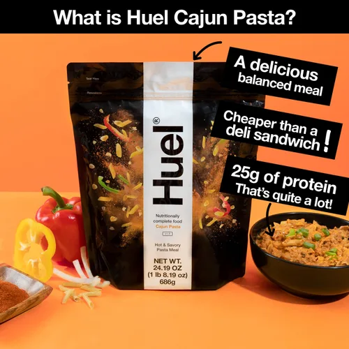 Vista 2 de Huel Sustituto instantáneo de comida caliente y salada, pasta cajún, 14 cucharadas empaquetadas con alimentos 100% nutricionalmente completos