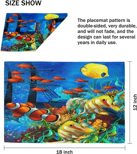 Vista 4 de Juego de 4 manteles individuales con diseño de pez océano, lavables, impermeables, para decoración de mesa de comedor, 18 x 12 pulgadas