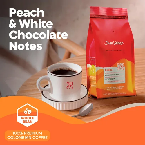 Vista 2 de Juan Valdez Colina - Café de grano entero, tostado equilibrado, 16 onzas, café colombiano de primera calidad, granos únicos "Caracolito" producen un