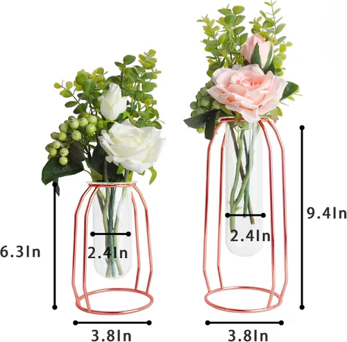 Vista 4 de FSyueyun Florero de oro rosa para decoración del hogar con estante de metal, jarrones de vidrio dorado para centros de mesa, jarrones de brote
