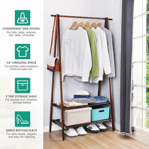 Vista 2 de Jotsport Perchero de bambú plegable para colgar ropa con estante de almacenamiento de 2 niveles para lavandería, habitación de invitados