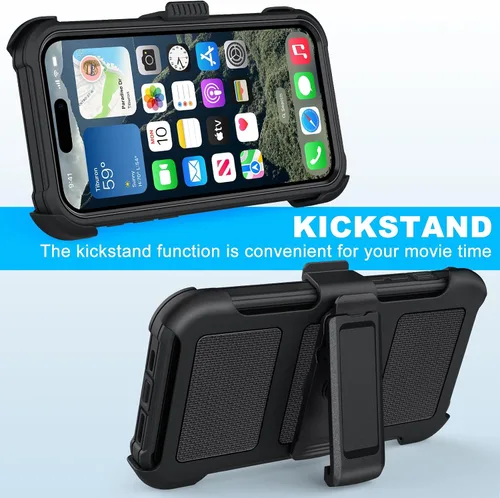 Vista 5 de Funda con clip para cinturón compatible con iPhone 12 Defender con soporte giratorio de 360°, protección resistente anticaídas y golpes, color negro