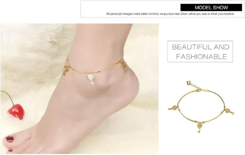 Vista 7 de Tono de la moda aanklets Oro 18K Rhinestone clave encanto playa cadena de pie aanklet para las mujeres l7.99+ 2
