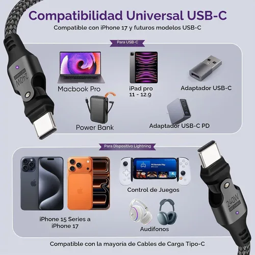 Vista 6 de Cable USB C a C de 3.3 ft, color negro, rotación 180, 240 W, PD, carga rápida, transferencia de datos de 480 Mbps, cable de carga tipo C con chip