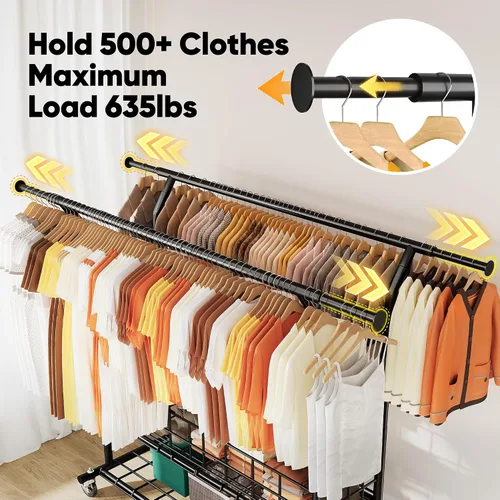 Vista 3 de HOKEEPER Perchero resistente con carga de 635 libras, perchero para colgar ropa, barra doble ajustable negra con cesta de metal, perchero portátil