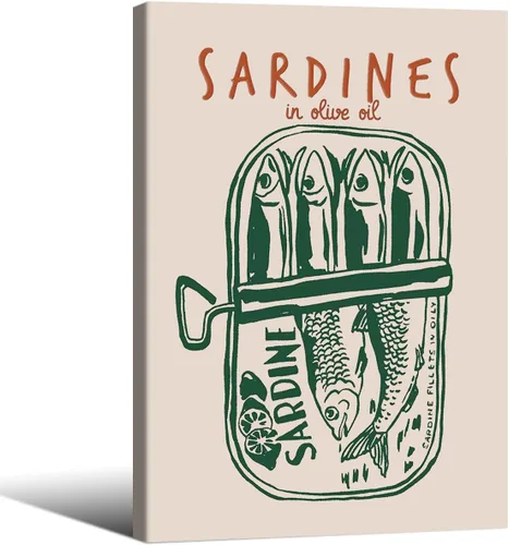 Vista 24 de Impresiones de Sardinas - Pósteres de pared de cocina de moda, diseño de rayas verdes, retro y moderna, estética de alimentos para el hogar