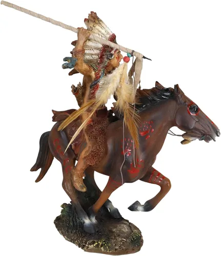 Vista 4 de Ebros Tribal Nativo Americano Guerrero jefe indio con gorro de guerra tocado de águila cargando en caballo, estatua de lanza lanzando caballo, 13.25