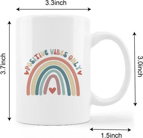 Vista 4 de Taza de cerámica retro Groovy Positive Vibes Boho Rainbow Heart de 11 onzas, taza de té con leche con asa, regalos positivos para mujeres