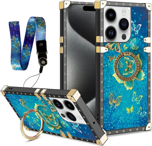 Vista 14 de nancheng Funda para iPhone 15, diseño de flor de mariposa azul, TPU suave, a prueba de golpes, con soporte de anillo y cordón a juego, elegante