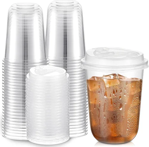 Vista 17 de Baderke Juego de 25 vasos de plástico transparente de 14 onzas con tapas, tazas de café helado resistentes con tapas, vasos de plástico desechables