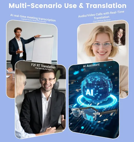 Vista 8 de Gafas inteligentes Bluetooth con IA para hombres y mujeres con Chat GPT, gafas de traducción con 115 idiomas y lentes sin marco que bloquean la luz