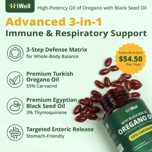 Vista 2 de HiWell Absorfyx Aceite de orégano con aceite de semilla negra y vitamina D3: 55% de Carvacrol, equivalente a 30,000 mg de hoja de orégano, cápsulas