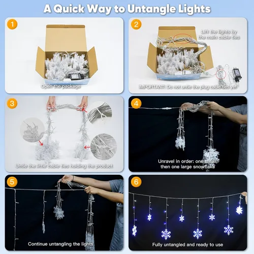 Vista 4 de suddus Luces de Carámbano de Copo de Nieve para Exteriores, 10.7 pies, 168 Luces LED de Cadena Navideñas Conectables Enchufables con 14 Tiras Azul