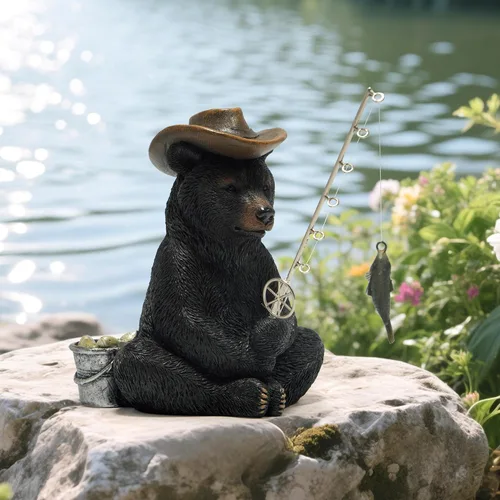 Vista 8 de Hodao Figuras de pesca de oso negro, decoración de oso de verano, manualidades para decoración de escritorio de oficina en casa, estatua