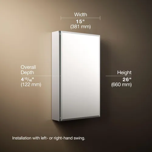 Vista 4 de Kohler CB-CLC1526FS Espejo Botiquín de Baño sin Marco, Puerta Individual, Marco Rectangular con Borde Biselado, Espejo de Gabinete de Baño, Estantes