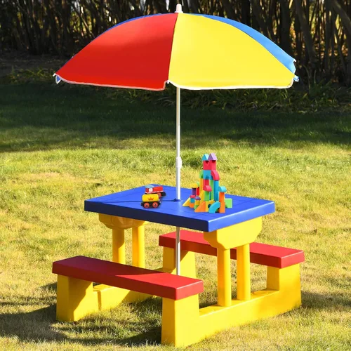Vista 9 de Costzon Mesa de picnic para niños, mesa y banco para interiores y exteriores con paraguas extraíble, mesa de picnic portátil para niños pequeños