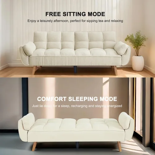 Vista 6 de Sofá cama tipo futón convertible, sofá cama con respaldo ajustable, sofá pequeño de espacio pequeño, sala de estar, dormitorio (beige)