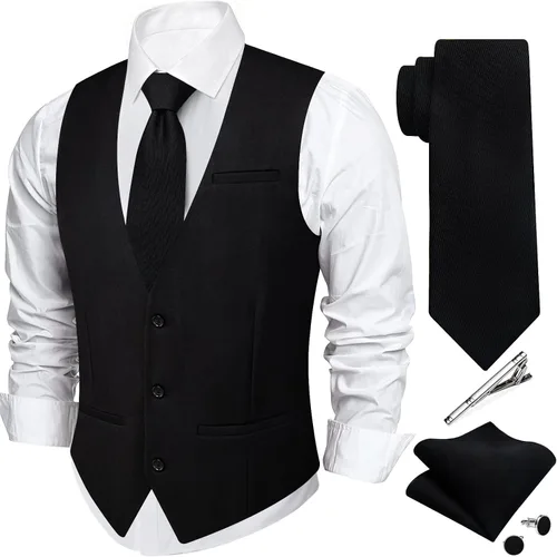 Vista 9 de DiBanGu Mens Vest Tie Set 5PCS Formal Dress Waistcoat Light Grey