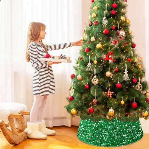 Vista 4 de Collar de Árbol de Navidad Faldas de Árbol Verdes para Árboles Artificiales de 23.6 Pulgadas Falda de Árbol Bordada con Lentejuelas Cubierta