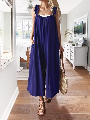 Vista 2 de Enterizo sin mangas de pierna ancha para mujer, estilo casual, con volantes, tirantes delgados, elásticos, holgados, pantalones largos con bolsillos
