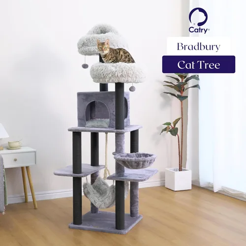 Vista 9 de Catry Bradbury - Árbol para gatos moderno de 7 niveles y 62.5 pulgadas con postes rascadores reemplazables, condominio grande, dos camas lavables