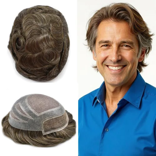 Vista 41 de Toupee - Piezas de pelo para hombres, cabello humano real, sistema de reemplazo de cabello francés, encaje francés, extensiones de cabello