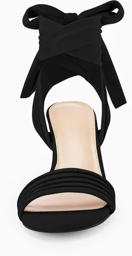 Vista 6 de Coutgo Sandalias de tacón alto con tiras para mujer, sandalias de tacón grueso con lazo y cordones con puntera abierta, zapatos cómodos para boda