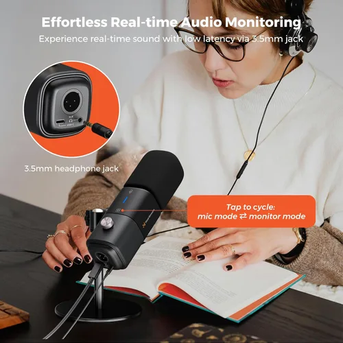 Vista 7 de NearStream AM15X Micrófono dinámico para PC con USB/XLR, cancelación de ruido 24-Bit/48kHz Audio, Headphone Monitoring, Mute, Gain Control and