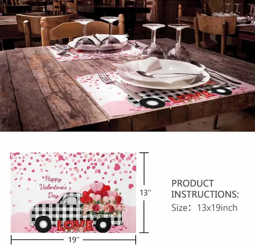 Vista 5 de Juego de 4 manteles individuales para el día de San Valentín para mesa de comedor, camión con globos y rosas románticos de arpillera de corazón rosa