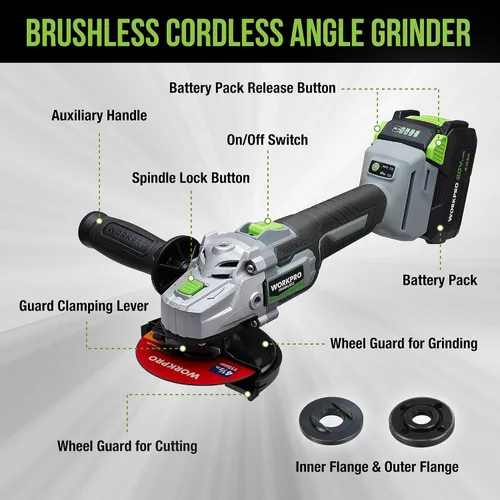 Vista 7 de WORKPRO Amoladora angular inalámbrica, amoladora sin escobillas de 20 V con batería de 4.0 Ah y cargador rápido, discos de 4-1/2 pulgadas, motor sin