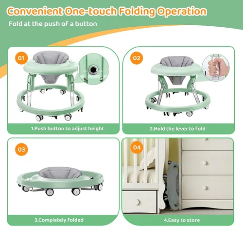 Vista 4 de Andador para bebés con ruedas, plegado de un solo toque, ajuste de altura Verde