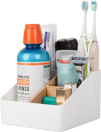Vista 8 de Portacepillos de dientes para baños, soporte para cepillos de dientes de bambú con 5 ranuras, organizador de tocador de baño para encimera