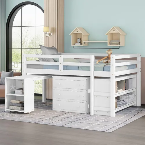 Vista 12 de Base de cama baja de madera con escritorio portátil rodante, cama alta individual con armario abierto y cajones, cama baja con estante para niños