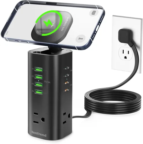 Vista 13 de Regleta de alimentación con protector de sobretensiones en torre, 12 salidas de CA y 8 puertos USB, cable de extensión de enchufe plano de 5 pies