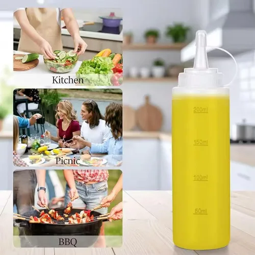 Vista 5 de Paquete de 3 botellas de condimento de plástico de 24 onzas con tapas de tapa, perfectas para condimentos, aceite, salsas, glaseado y líquidos