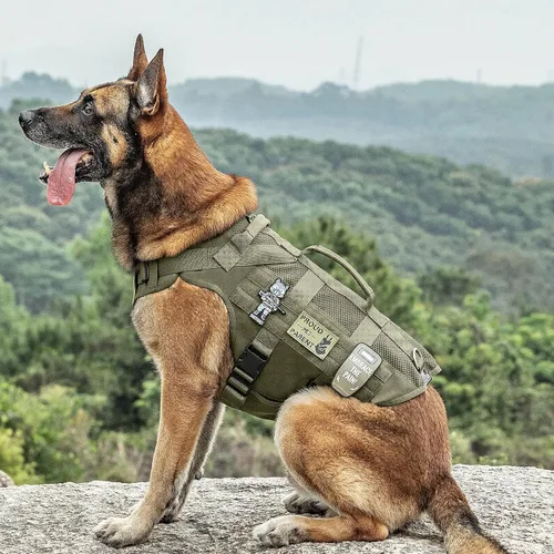 Vista 5 de OneTigris Arnés táctico para perros pequeños, diseño de malla, chaleco transpirable para perros militares, chalecos Molle con asas, arnés para Verde