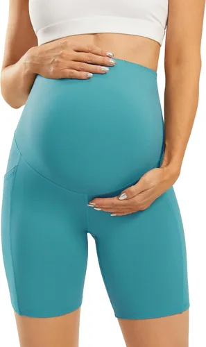 Vista 2 de JOYSPELS Pantalones cortos de maternidad sobre el vientre para entrenamiento atlético con bolsillos