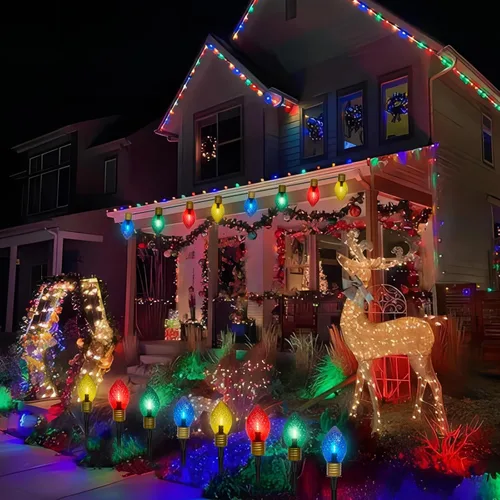 Vista 7 de Luces de camino de Navidad Jumbo C9 para exteriores, luces de Navidad jumbo de 7 pies con estacas de marcador de camino y 4 bombillas LED