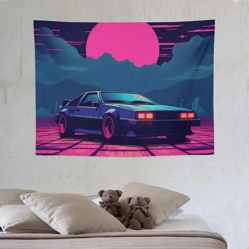 Vista 6 de josnmre Retrowave Jdm Classic Car Retro Cyberpunk Tapestry Wall Hanging for Bedroom Aesthetic Art Home Decor Dorm Classroom Living Room Tapestries