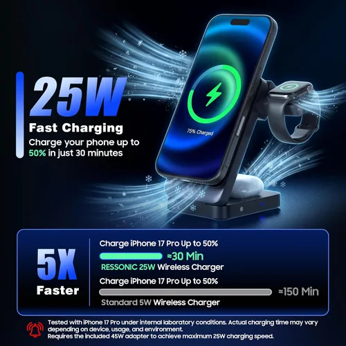 Vista 2 de 25W 3 en 1 cargador inalámbrico para iPhone y Samsung, cargador rápido