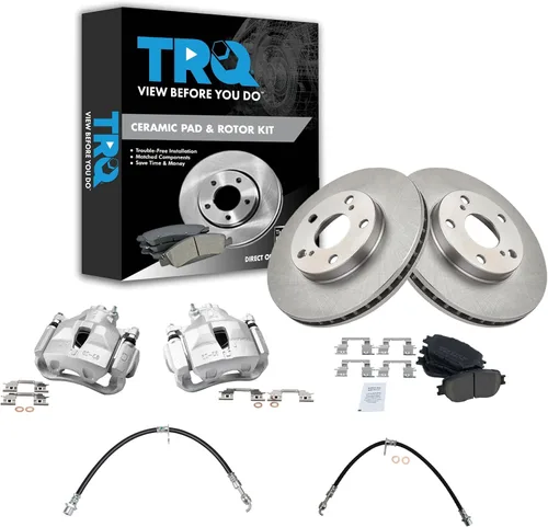 Vista 15 de TRQ Juego de pastillas de freno delanteras y rotores de cerámica, pinzas, mangueras, compatibles con Honda Odyssey 2005-2010