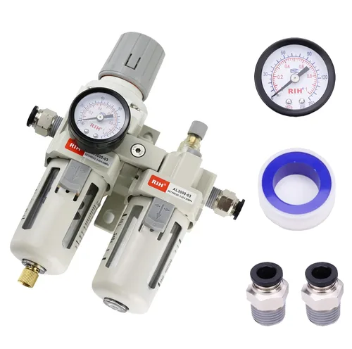Vista 8 de RIH Pneumatics - Regulador de filtro de aire comprimido NPT de 1/2 pulgada, lubricador combinado separador de trampa de agua/aceite, calibre