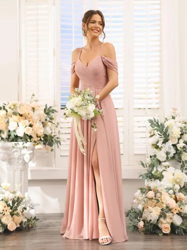 Vista 4 de Vestidos de dama de honor con hombros descubiertos con abertura larga 2024 Sweetheart Chiffon Vestido de fiesta formal con bolsillos XOD010