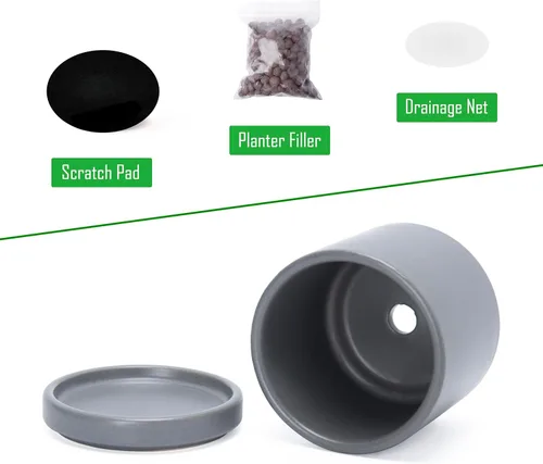 Vista 4 de D'vine Dev Juego de 4 macetas pequeñas de cerámica para plantas, maceta de 3.5 pulgadas para suculentas con orificio de drenaje y platillo, gris