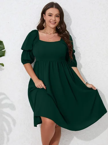 Vista 2 de SCOMCHIC Vestidos casuales de talla grande con cuello cuadrado para mujer, manga abombada, cintura alta, fruncido, acampanado, mini vestido corto