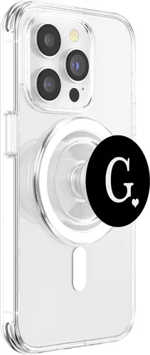 Vista 3 de Monograma de corazón blanco con letra G inicial en PopSockets negros PopGrip: agarre intercambiable para teléfonos y tabletas PopSockets MagSafe