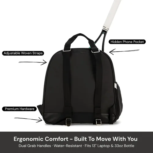 Vista 6 de AYRES Mochila de tenis – Amplia bolsa de tenis, pádel y pickleball para mujer Compartimento para raqueta de acceso rápido (para 2) Bolsa