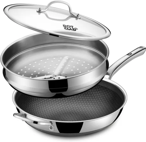 Vista 6 de DOTCLAD Sartén wok, wok híbrido de 12 pulgadas con tapa, utensilios de cocina sin PFOA, woks antiadherentes de acero inoxidable y sartenes